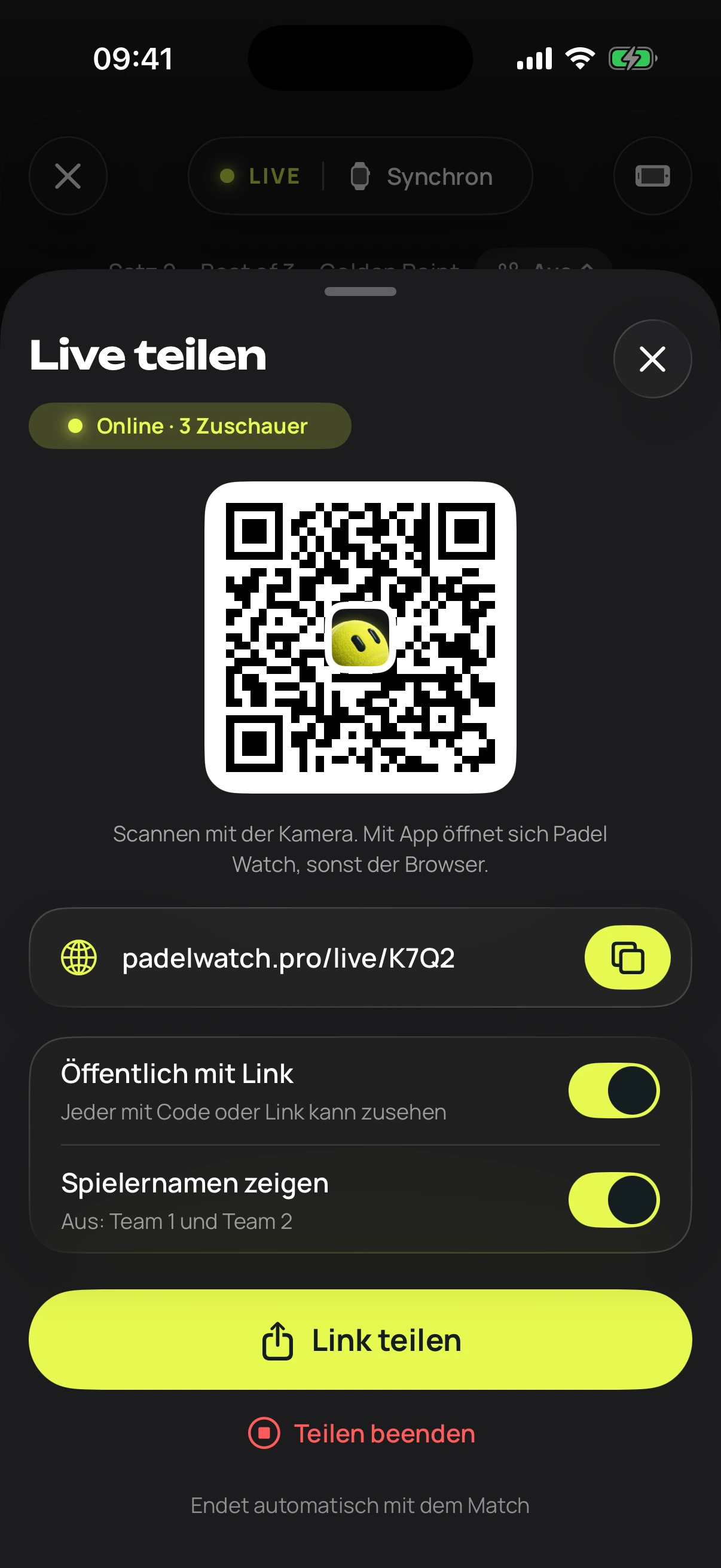 iPhone mit „Live teilen“, QR-Code und Link